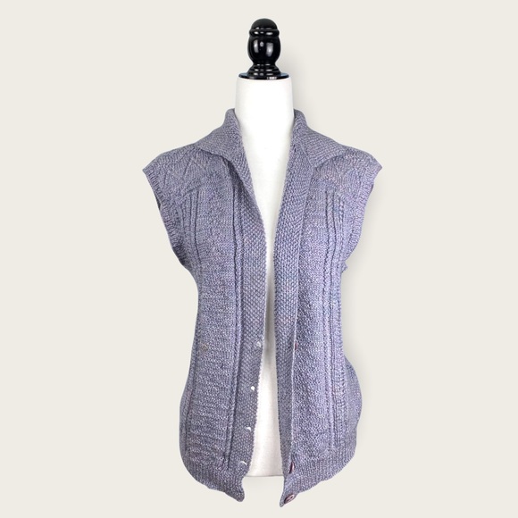 Vintage Sweaters - Vintage Grandpa Sweater Vest Lavender Button-Down Knit Sleeveless Cardigan S/M